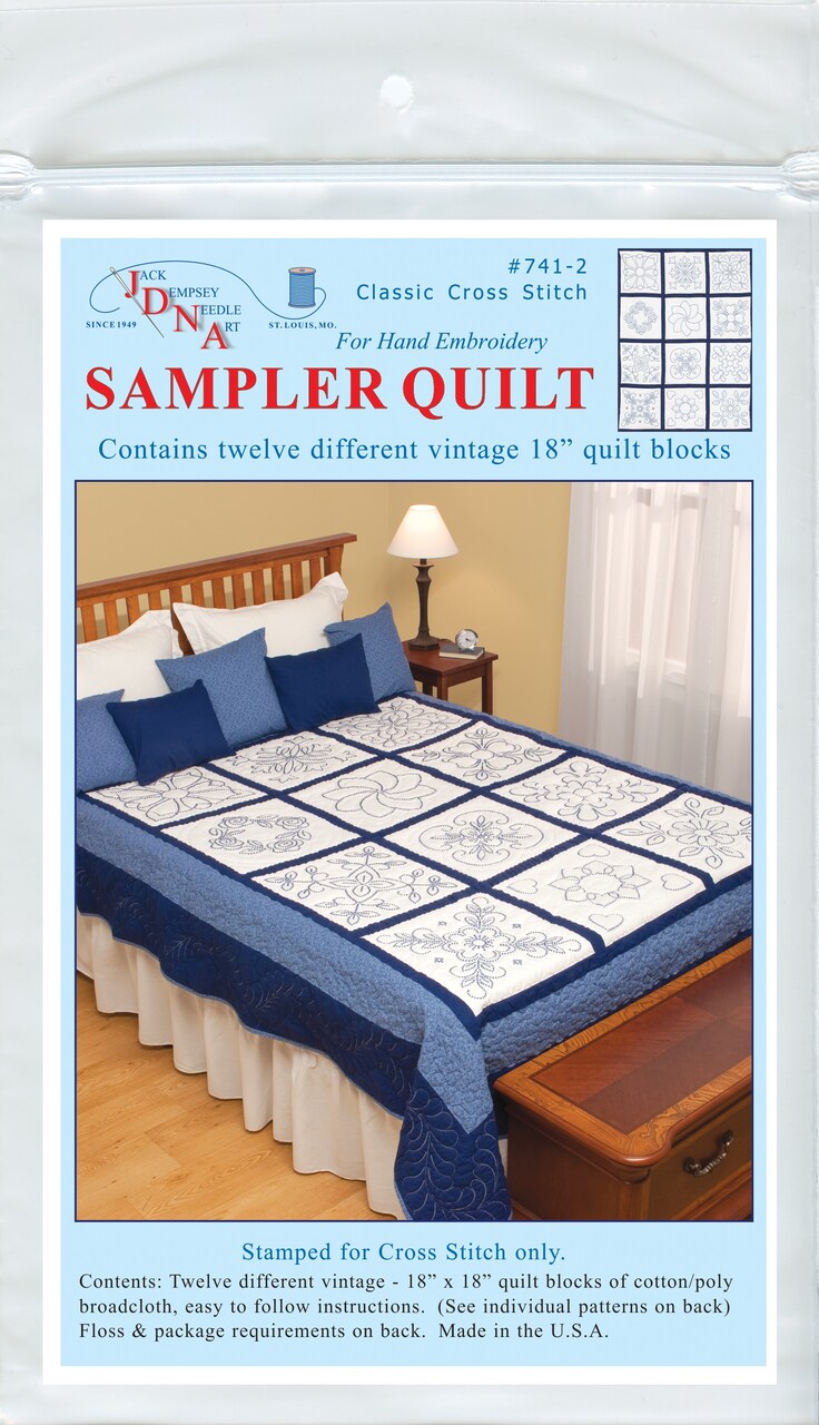 Jack Dempsey Stamped Sampler Quilt Blocks 18"X18" 12/Pkg-Classic Cross-Stitch Quilt